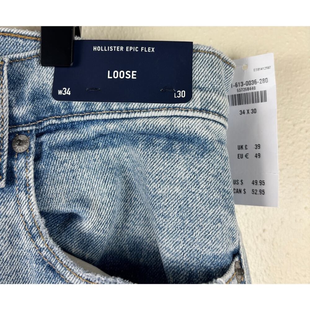 NWT Hollister Epic Flex Loose Men's Jeans 34 x30 Light Wash - Picture 9 of 12